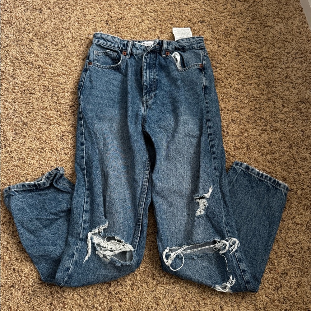 Zara Blue Boyfriend Jeans with Distressed Details